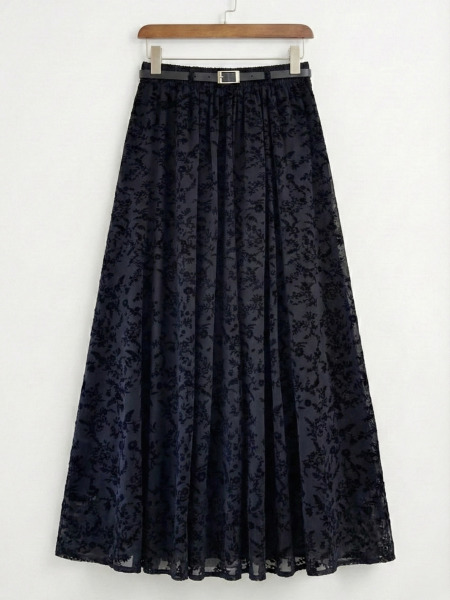 Flok Baskılı Tül Etek - Siyah