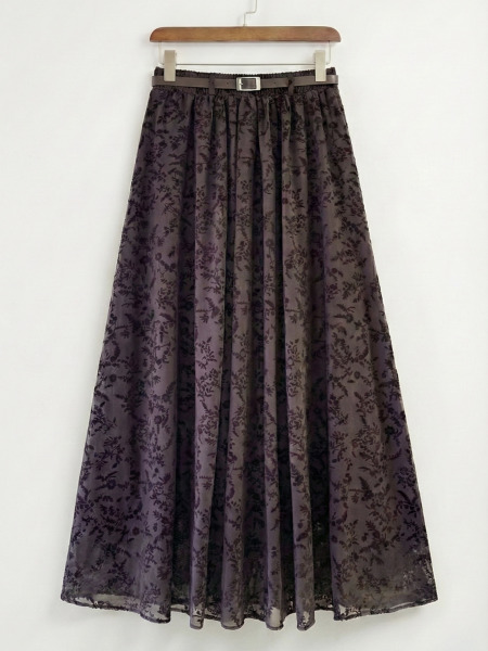 Flok Baskılı Tül Etek - Kahve