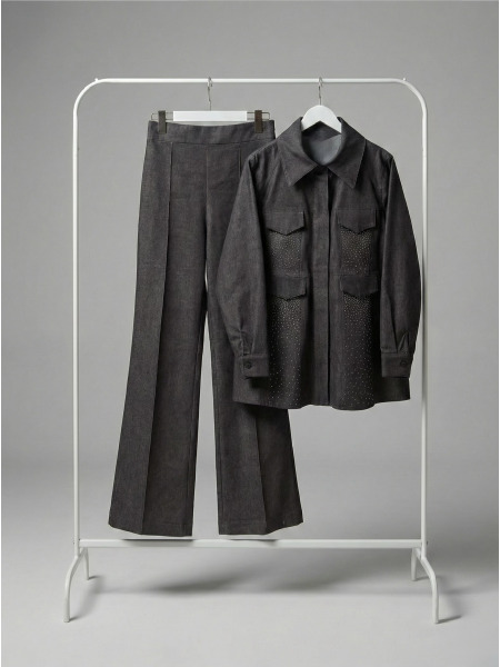 Taşlı Denim İkili Takım - Kahve 