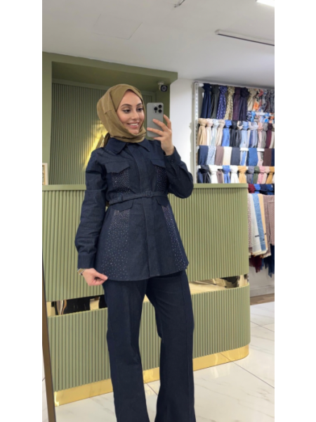 Taşlı Denim İkili Takım - Mavi