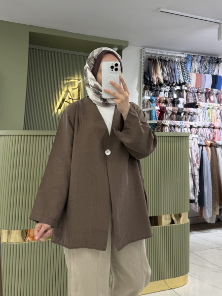 Sedefli Tek Düğme Kimono Ceket - Kahve