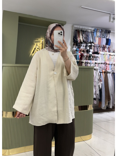 Sedefli Tek Düğme Kimono Ceket -Taş
