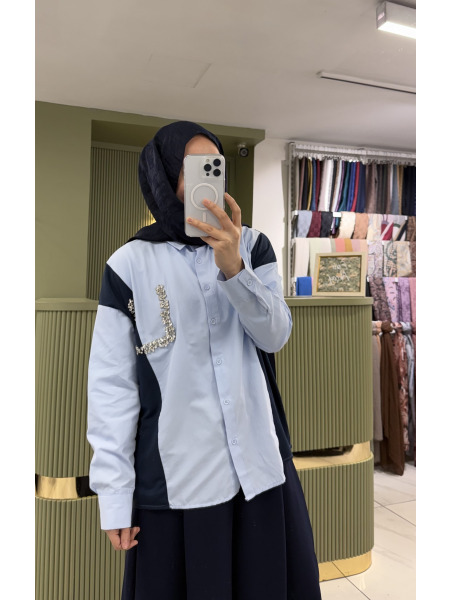 Taşlı Garnili Poplin Gömlek - Mavi