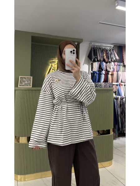 Çizgili Yırtmaçlı Sweatshirt - Kahverengi